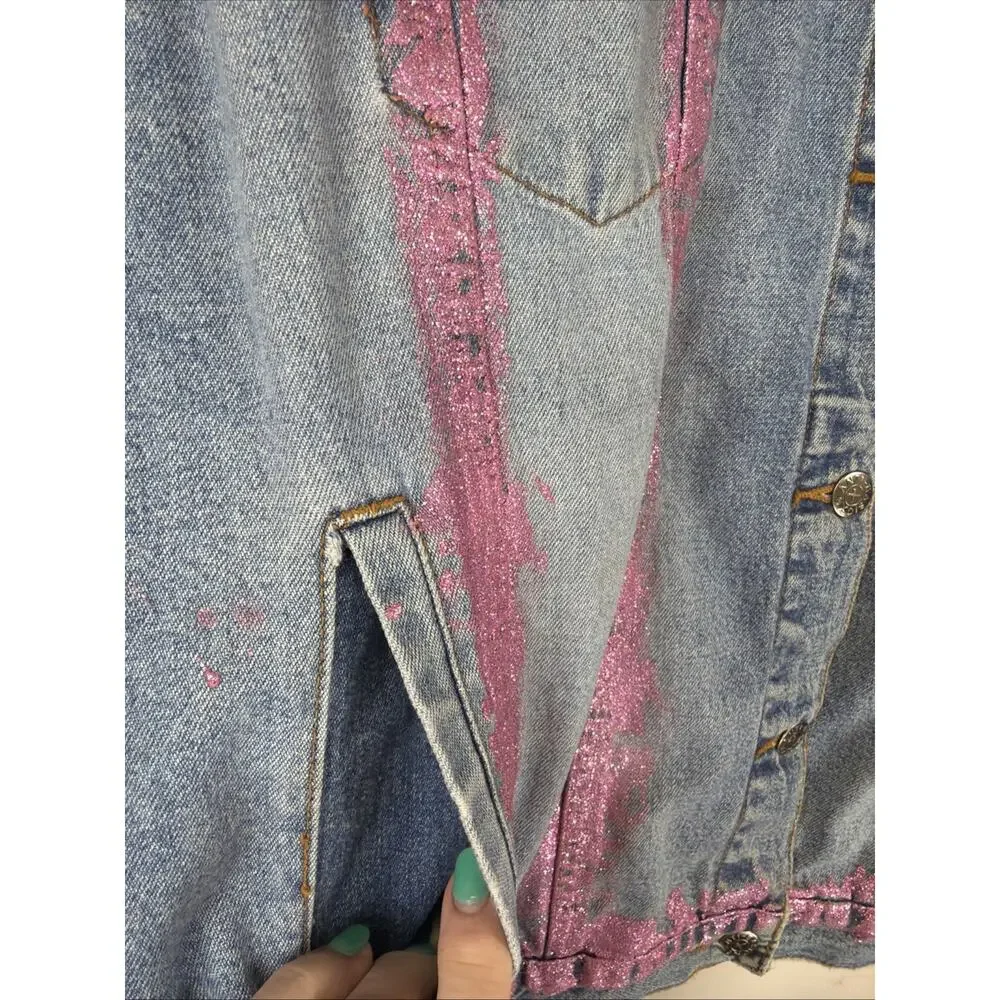Anti Blue Pink Glitter Details Pockets Button Up Denim Jacket #1280 Size 2X